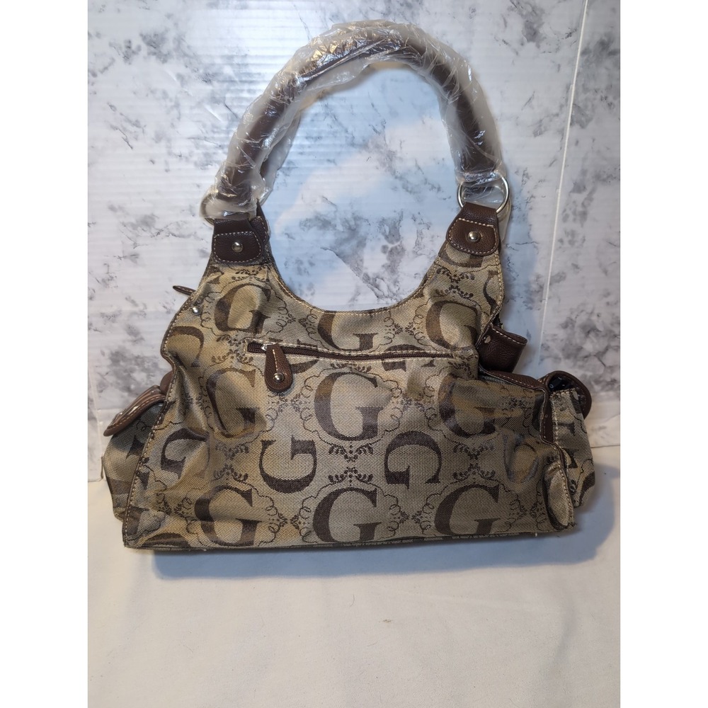 GUESS ? Patchwork Animal Purse Bag Silver Logo Hardware Double Handles 14.5"x9" - Picture 7 of 11